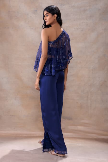 Akashi Clothing Floral Embroidered One Shoulder Cape Slit Pant Set 