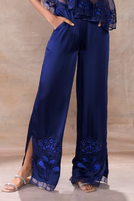 Shop_Akashi Clothing_Blue Modal, Satin, Organza Embroidery One Shoulder Floral Cape Slit Pant Set _Online_at_Aza_Fashions