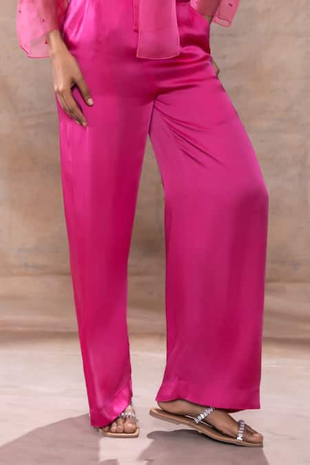 Akashi Clothing_Pink Organza, Modal, Satin Crystals Open Neck, Stone Work Sheer Top Pant Set _Online_at_Aza_Fashions