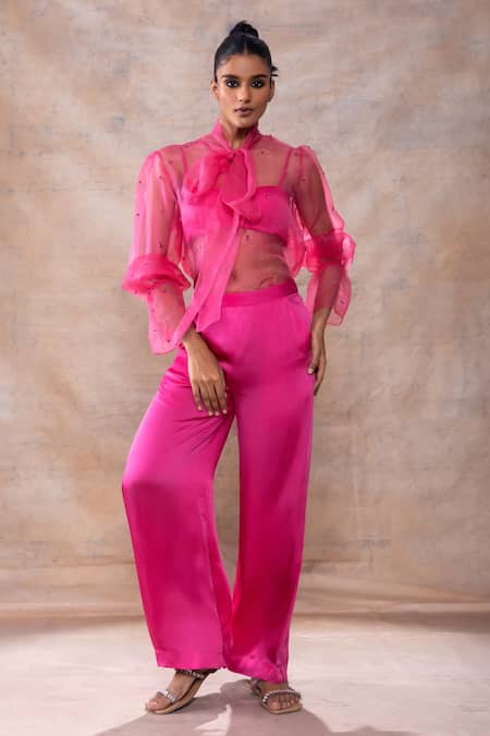 Buy_Akashi Clothing_Pink Organza, Modal, Satin Crystals Open Neck, Stone Work Sheer Top Pant Set _Online_at_Aza_Fashions