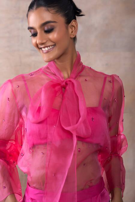 Shop_Akashi Clothing_Pink Organza, Modal, Satin Crystals Open Neck, Stone Work Sheer Top Pant Set _Online_at_Aza_Fashions