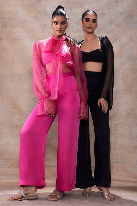 Akashi Clothing_Pink Organza, Modal, Satin Crystals Open Neck, Stone Work Sheer Top Pant Set _at_Aza_Fashions