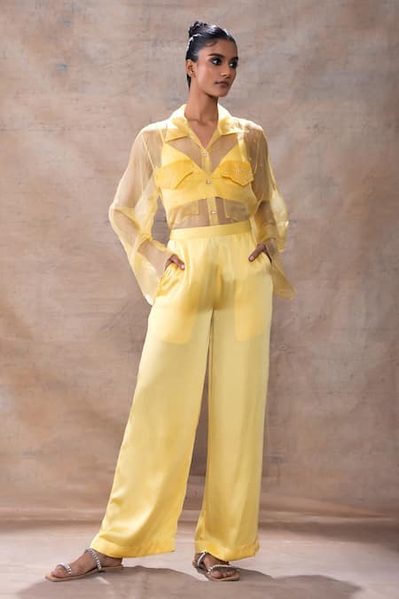 Akashi Clothing Yellow  Pure Organza Embroidered Cut Dana  Sheer Pant Set 