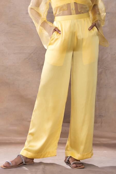 Akashi Clothing_Yellow Organza, Modal, Satin Crystals, Embroidery, Dana Sheer Shirt Pant Set _Online_at_Aza_Fashions