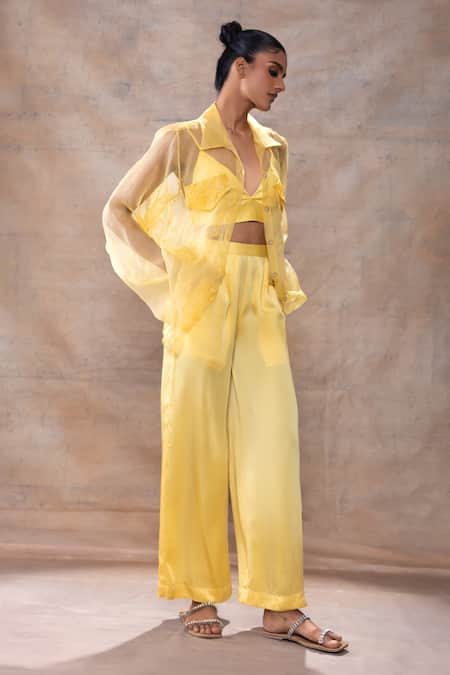 Buy_Akashi Clothing_Yellow Organza, Modal, Satin Crystals, Embroidery, Dana Sheer Shirt Pant Set _Online_at_Aza_Fashions