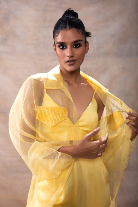 Shop_Akashi Clothing_Yellow Organza, Modal, Satin Crystals, Embroidery, Dana Sheer Shirt Pant Set _Online_at_Aza_Fashions