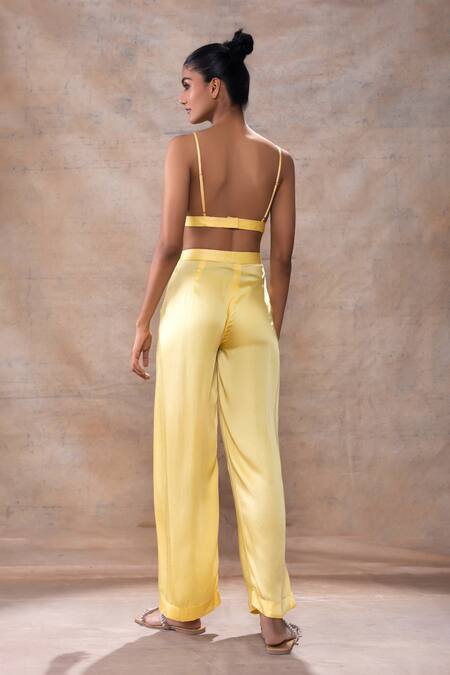 Akashi Clothing_Yellow Organza, Modal, Satin Crystals, Embroidery, Dana Sheer Shirt Pant Set _at_Aza_Fashions