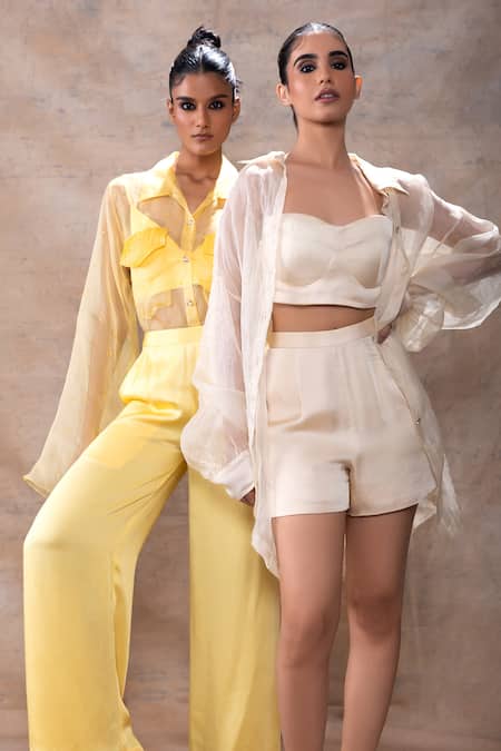 Shop_Akashi Clothing_Yellow Organza, Modal, Satin Crystals, Embroidery, Dana Sheer Shirt Pant Set 