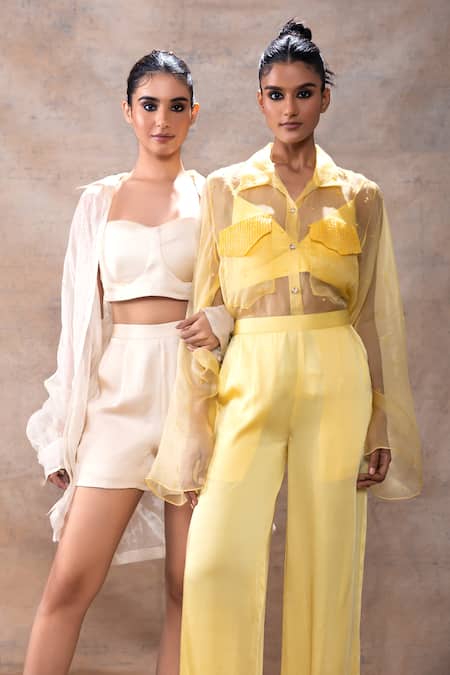 Akashi Clothing_Off White Organza, Modal, Satin Embroidery Cut Dana Sheer Shirt Shorts Set _Online_at_Aza_Fashions