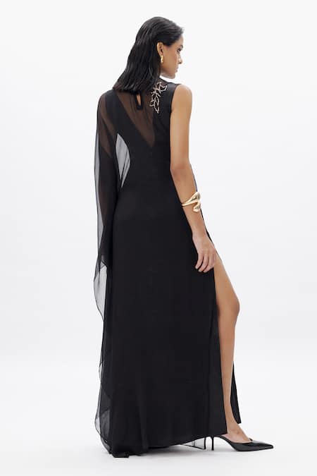 Shop_Aroka_Black Velvet, Chiffon Embroidery V-neck Vegan Maxi Dress _at_Aza_Fashions
