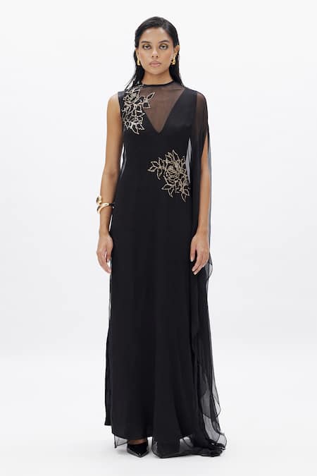 Aroka_Black Velvet, Chiffon Embroidery V-neck Vegan Maxi Dress _Online_at_Aza_Fashions
