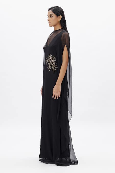 Buy_Aroka_Black Velvet, Chiffon Embroidery V-neck Vegan Maxi Dress _Online_at_Aza_Fashions