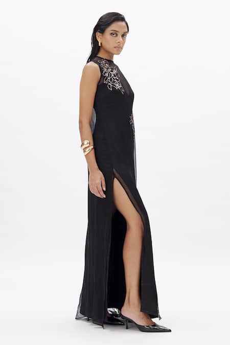 Shop_Aroka_Black Velvet, Chiffon Embroidery V-neck Vegan Maxi Dress _Online_at_Aza_Fashions
