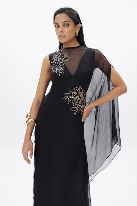 Aroka_Black Velvet, Chiffon Embroidery V-neck Vegan Maxi Dress _at_Aza_Fashions