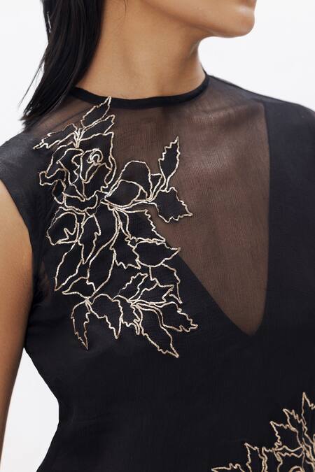 Buy_Aroka_Black Velvet, Chiffon Embroidery V-neck Vegan Maxi Dress 