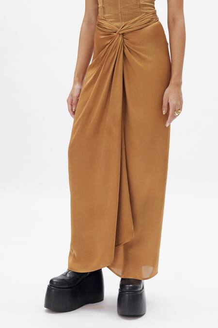 Buy Aroka Gold Chanderi, Modal Scoop Neck Autumn Aura Corset Top And Stitched Knot Skirt Set Online at Aza Fashions Buy_Aroka_Gold Chanderi, Modal Scoop Neck Autumn Aura Corset Top And Stitched Knot Skirt Set_Online_at_Aza_Fashions