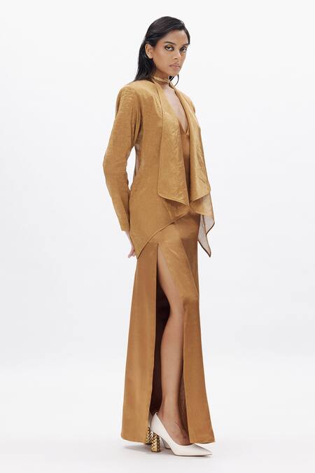 Aroka Gold Handloom Cotton Open Bourbon Handwoven Zari Tissue Jacket With Maxi Dress Online at Aza Fashions Aroka_Gold Handloom Cotton Open Bourbon Handwoven Zari Tissue Jacket With Maxi Dress_Online_at_Aza_Fashions