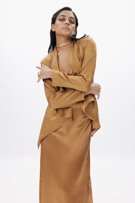 Shop Aroka Gold Handloom Cotton Open Bourbon Handwoven Zari Tissue Jacket With Maxi Dress Online at Aza Fashions Shop_Aroka_Gold Handloom Cotton Open Bourbon Handwoven Zari Tissue Jacket With Maxi Dress_Online_at_Aza_Fashions