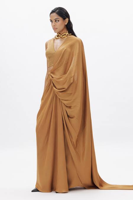 Aroka_Gold Modal, Silk, Handloom Cotton Zari V-neck Pre-draped Saree With Tissue _Online_at_Aza_Fashions