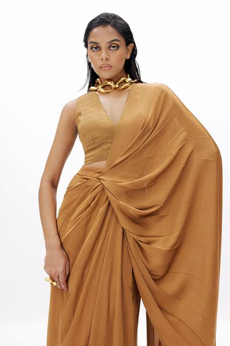 Aroka_Gold Modal, Silk, Handloom Cotton Zari V-neck Pre-draped Saree With Tissue _at_Aza_Fashions