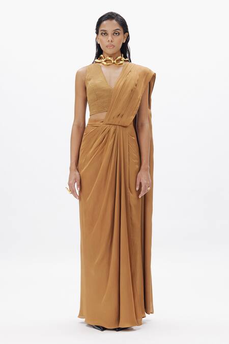 Buy_Aroka_Gold Modal, Silk, Handloom Cotton Zari V-neck Pre-draped Saree With Tissue 