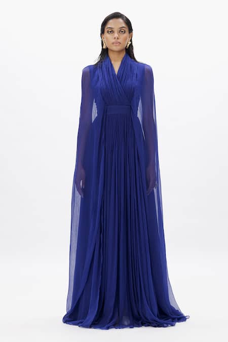 Aroka_Blue Modal, Chiffon V-neck Maya Vegan Maxi Dress _Online_at_Aza_Fashions