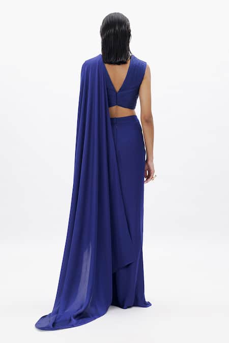 Shop Aroka Blue Modal, Satin Sweetheart Neck Nora Pre-draped Saree With Blouse at Aza Fashions Shop_Aroka_Blue Modal, Satin Sweetheart Neck Nora Pre-draped Saree With Blouse_at_Aza_Fashions