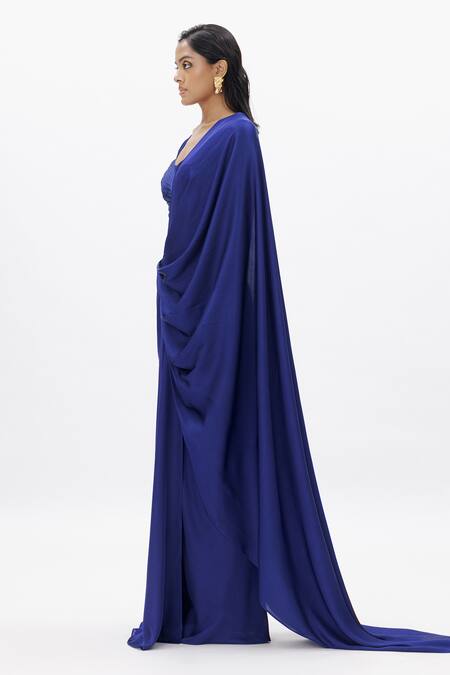 Aroka Blue Modal, Satin Sweetheart Neck Nora Pre-draped Saree With Blouse Online at Aza Fashions Aroka_Blue Modal, Satin Sweetheart Neck Nora Pre-draped Saree With Blouse_Online_at_Aza_Fashions