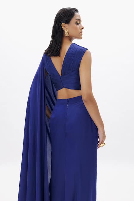 Buy Aroka Blue Modal, Satin Sweetheart Neck Nora Pre-draped Saree With Blouse Online at Aza Fashions Buy_Aroka_Blue Modal, Satin Sweetheart Neck Nora Pre-draped Saree With Blouse_Online_at_Aza_Fashions
