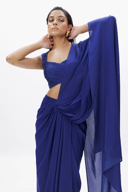 Shop Aroka Blue Modal, Satin Sweetheart Neck Nora Pre-draped Saree With Blouse Online at Aza Fashions Shop_Aroka_Blue Modal, Satin Sweetheart Neck Nora Pre-draped Saree With Blouse_Online_at_Aza_Fashions