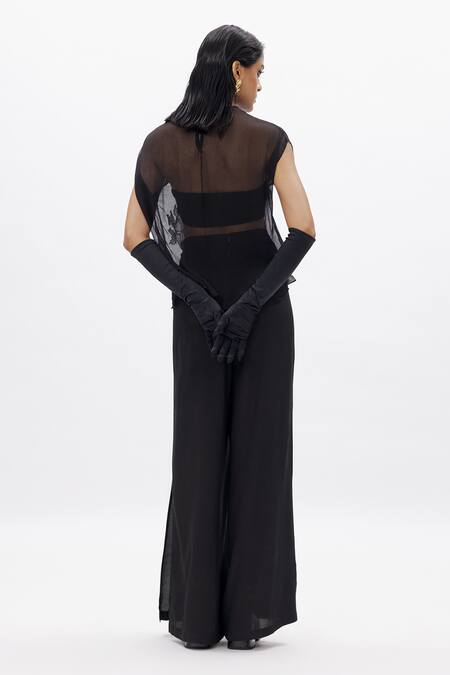 Shop Aroka Black Chiffon Embroidery Round Neck Rhea Dabka Work Top And Pant Set at Aza Fashions Shop_Aroka_Black Chiffon Embroidery Round Neck Rhea Dabka Work Top And Pant Set_at_Aza_Fashions