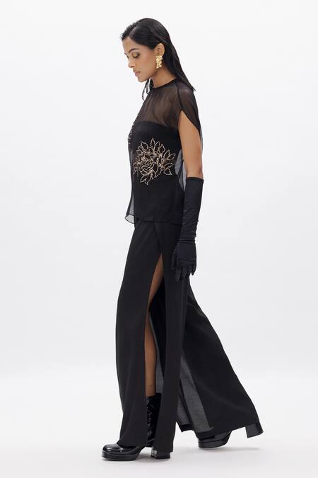 Aroka Black Chiffon Embroidery Round Neck Rhea Dabka Work Top And Pant Set Online at Aza Fashions Aroka_Black Chiffon Embroidery Round Neck Rhea Dabka Work Top And Pant Set_Online_at_Aza_Fashions