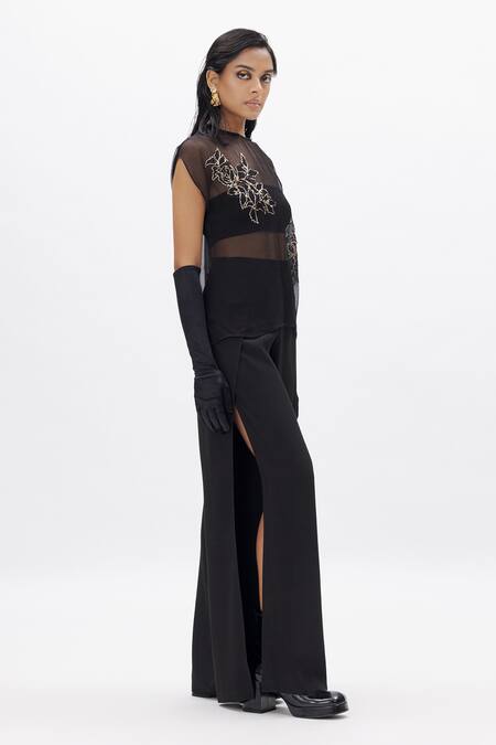 Buy Aroka Black Chiffon Embroidery Round Neck Rhea Dabka Work Top And Pant Set Online at Aza Fashions Buy_Aroka_Black Chiffon Embroidery Round Neck Rhea Dabka Work Top And Pant Set_Online_at_Aza_Fashions