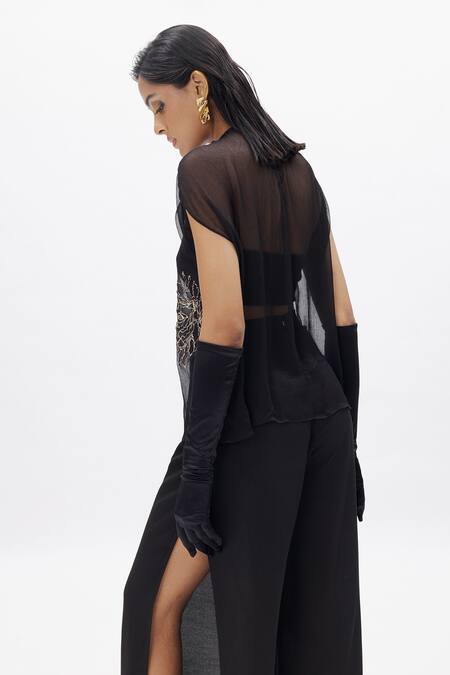 Shop Aroka Black Chiffon Embroidery Round Neck Rhea Dabka Work Top And Pant Set Online at Aza Fashions Shop_Aroka_Black Chiffon Embroidery Round Neck Rhea Dabka Work Top And Pant Set_Online_at_Aza_Fashions