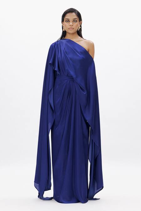 Aroka Blue Modal, Satin One Shoulder The Flow Cape Tube Top Online at Aza Fashions Aroka_Blue Modal, Satin One Shoulder The Flow Cape Tube Top_Online_at_Aza_Fashions