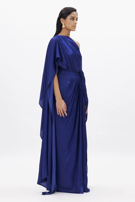 Buy Aroka Blue Modal, Satin One Shoulder The Flow Cape Tube Top Online at Aza Fashions Buy_Aroka_Blue Modal, Satin One Shoulder The Flow Cape Tube Top_Online_at_Aza_Fashions
