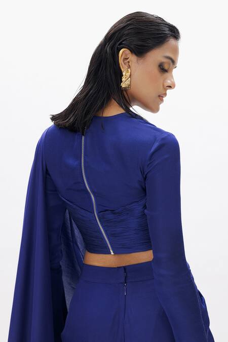 Shop Aroka Blue Modal, Satin Sweetheart Neck Zohra Pre-draped Saree With Blouse at Aza Fashions Shop_Aroka_Blue Modal, Satin Sweetheart Neck Zohra Pre-draped Saree With Blouse_at_Aza_Fashions