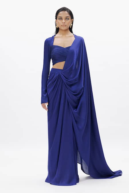 Aroka Blue Modal, Satin Sweetheart Neck Zohra Pre-draped Saree With Blouse Online at Aza Fashions Aroka_Blue Modal, Satin Sweetheart Neck Zohra Pre-draped Saree With Blouse_Online_at_Aza_Fashions