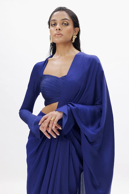 Buy Aroka Blue Modal, Satin Sweetheart Neck Zohra Pre-draped Saree With Blouse Online at Aza Fashions Buy_Aroka_Blue Modal, Satin Sweetheart Neck Zohra Pre-draped Saree With Blouse_Online_at_Aza_Fashions