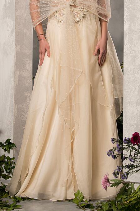Divisha Sharma_Ivory Organza, Tulle, Satin Sequins, Floral Embroidered Blouse Sharara Set _Online_at_Aza_Fashions