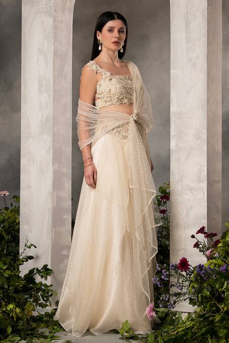 Buy_Divisha Sharma_Ivory Organza, Tulle, Satin Sequins, Floral Embroidered Blouse Sharara Set _Online_at_Aza_Fashions