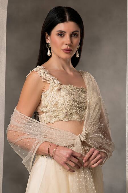 Shop_Divisha Sharma_Ivory Organza, Tulle, Satin Sequins, Floral Embroidered Blouse Sharara Set _Online_at_Aza_Fashions