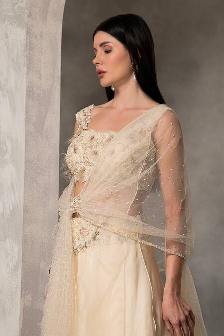 Divisha Sharma_Ivory Organza, Tulle, Satin Sequins, Floral Embroidered Blouse Sharara Set _at_Aza_Fashions