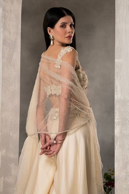 Buy_Divisha Sharma_Ivory Organza, Tulle, Satin Sequins, Floral Embroidered Blouse Sharara Set 