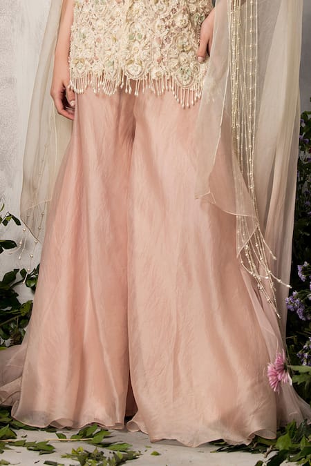 Divisha Sharma_Ivory Silk Organza, Net Pearls, Sequins, Beads Embroidered Jacket Sharara Set _Online_at_Aza_Fashions