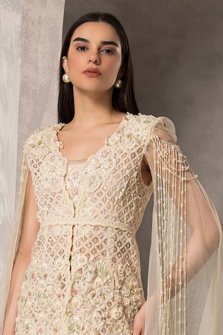 Buy_Divisha Sharma_Ivory Silk Organza, Net Pearls, Sequins, Beads Embroidered Jacket Sharara Set _Online_at_Aza_Fashions