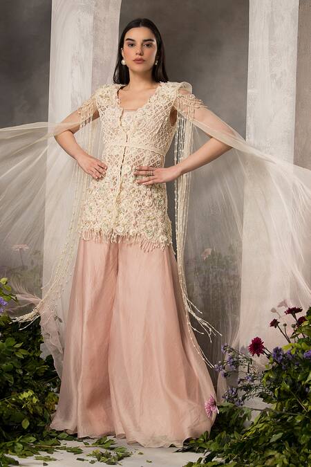 Shop_Divisha Sharma_Ivory Silk Organza, Net Pearls, Sequins, Beads Embroidered Jacket Sharara Set _Online_at_Aza_Fashions