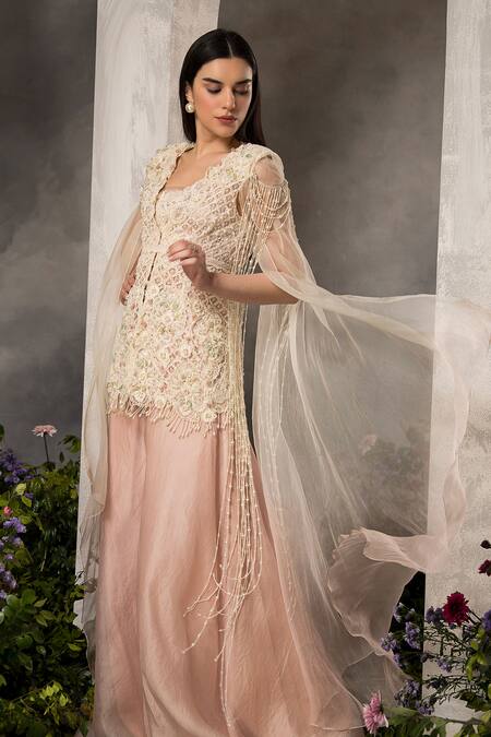 Divisha Sharma_Ivory Silk Organza, Net Pearls, Sequins, Beads Embroidered Jacket Sharara Set _at_Aza_Fashions