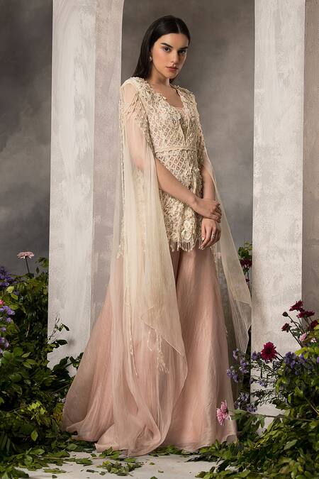 Buy_Divisha Sharma_Ivory Silk Organza, Net Pearls, Sequins, Beads Embroidered Jacket Sharara Set 