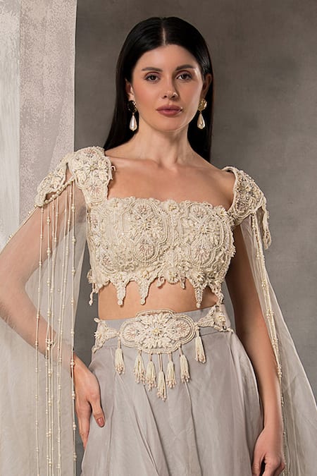 Divisha Sharma_Ivory Silk Organza, Tulle Pearls, Cut Work, Floral Blouse And Skirt Set _Online_at_Aza_Fashions
